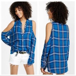 {Express} Cold Shoulder Blue Plaid Top